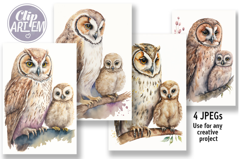 mommy-daddy-baby-owl-owlet-watercolor-wall-art-4-jpegs-forest-bird