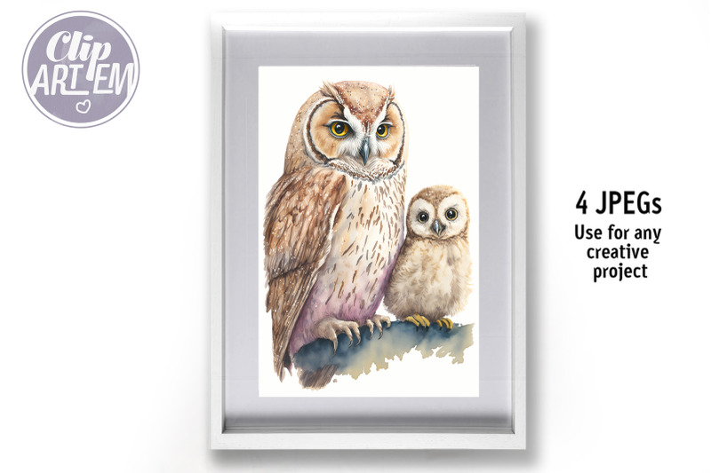 mommy-daddy-baby-owl-owlet-watercolor-wall-art-4-jpegs-forest-bird