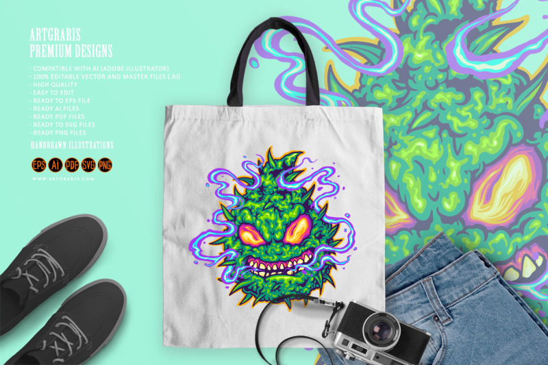 marijuana-leaf-plant-monster-with-weed-smoke-illustrations