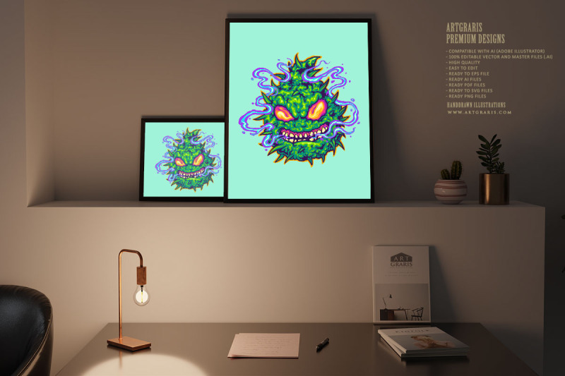 marijuana-leaf-plant-monster-with-weed-smoke-illustrations