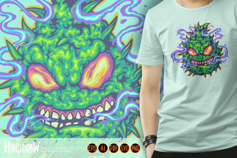 marijuana-leaf-plant-monster-with-weed-smoke-illustrations