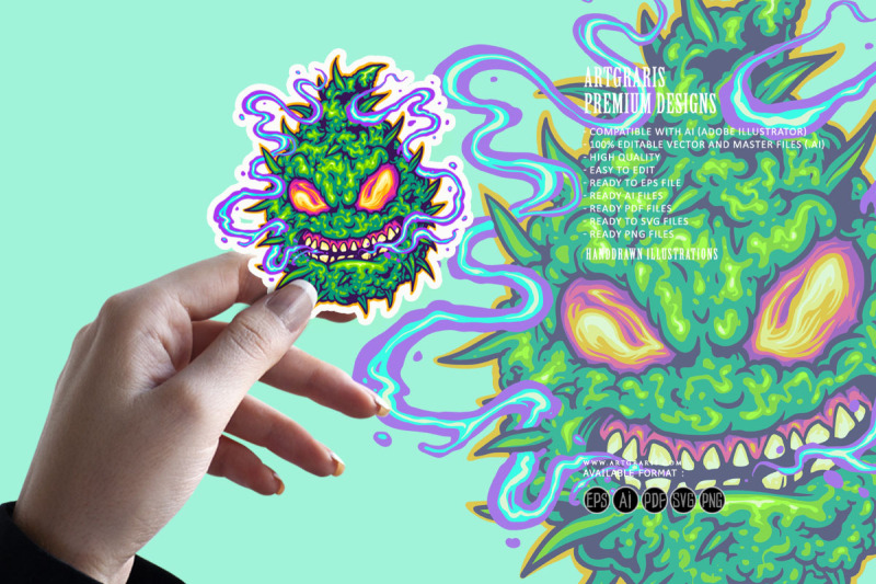 marijuana-leaf-plant-monster-with-weed-smoke-illustrations