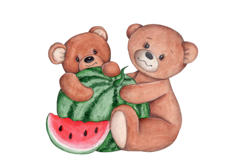 two-little-teddy-bears-and-a-watermelon-watercolor-illustration