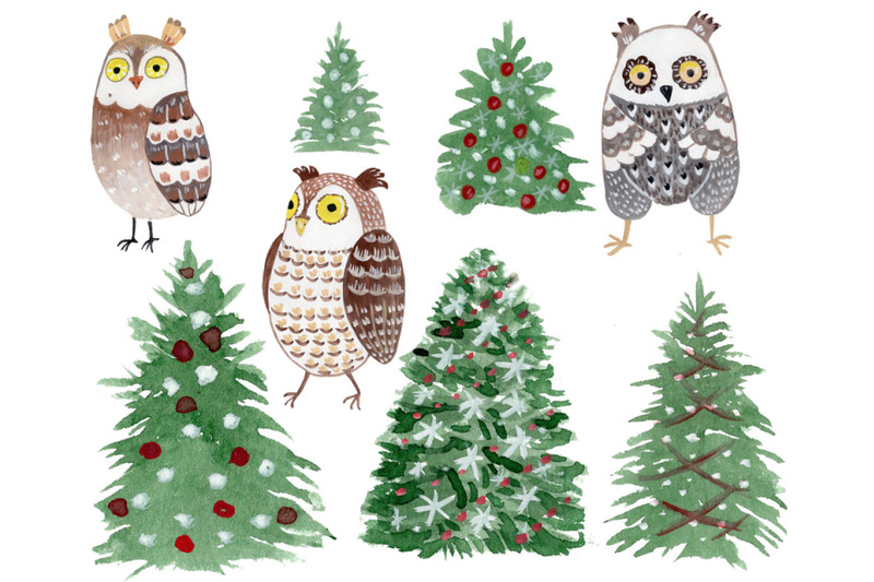 christmas-trees-and-owls-watercolor-hand-drawn-art