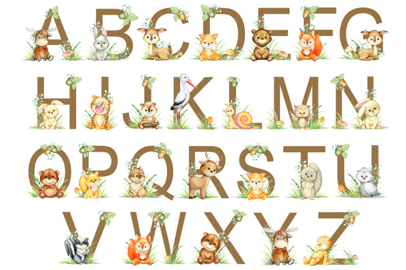 woodland-watercolor-alphabet-clipart-nursery-decor-baby-girl-boy-fo
