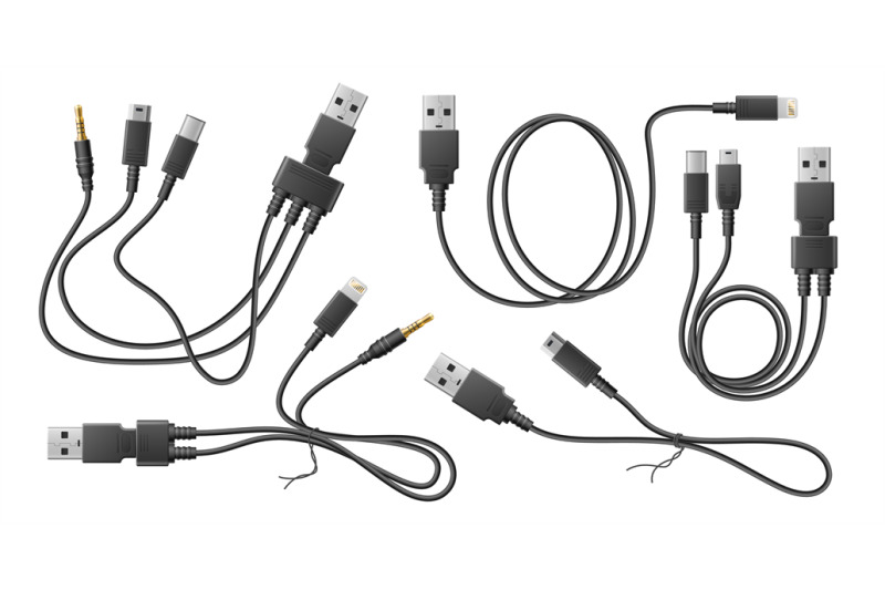 realistic-adapter-cables-black-flexible-wires-with-usb-different-type