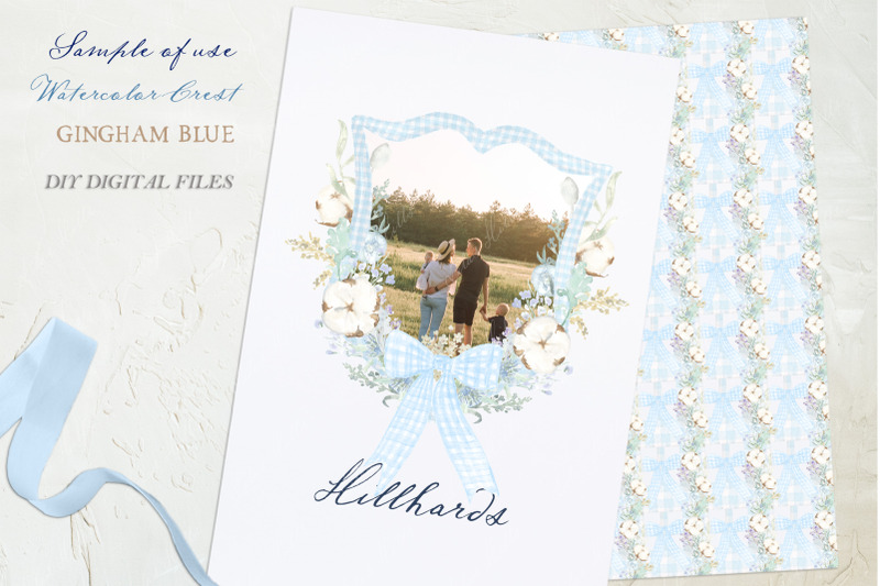 blue-gingham-wedding-family-crest-diy-bow-cotton-floral-digital-papers