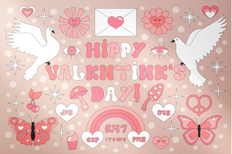 hippy-valentine-039-s-day-retro-collection-vector-clipart