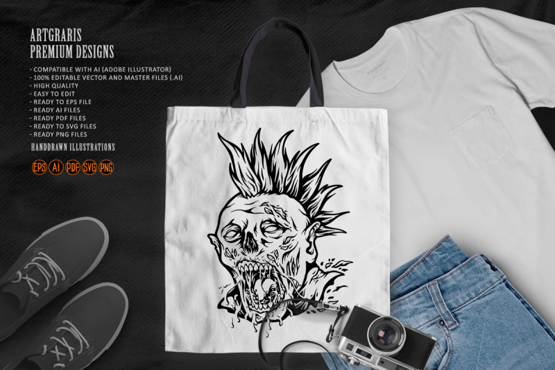 spooky-monster-zombie-punk-head-logo-illustrations-monochrome