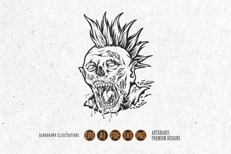 spooky-monster-zombie-punk-head-logo-illustrations-monochrome