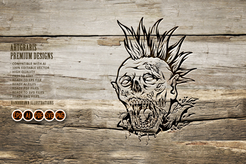 spooky-monster-zombie-punk-head-logo-illustrations-monochrome