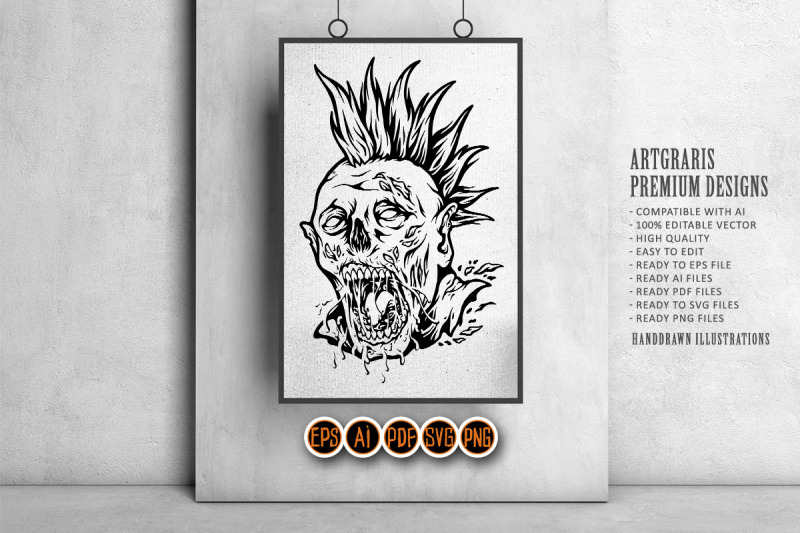 spooky-monster-zombie-punk-head-logo-illustrations-monochrome