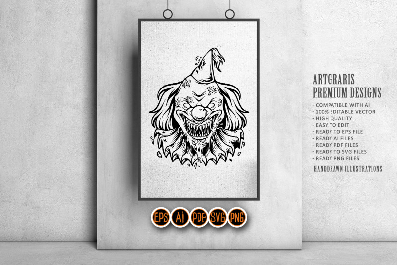 scary-head-evil-clown-logo-illustrations-monochrome