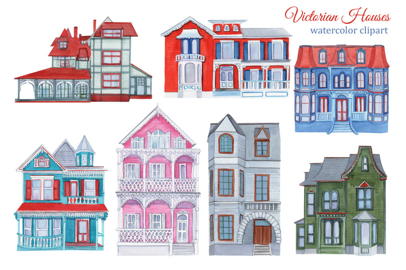 victorian-houses-summer-homes-watercolor-clipart-sublimation-clip-art-png-cottages-logo