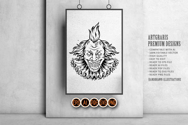 creepy-evil-zombie-clown-head-logo-illustrations-silhouette