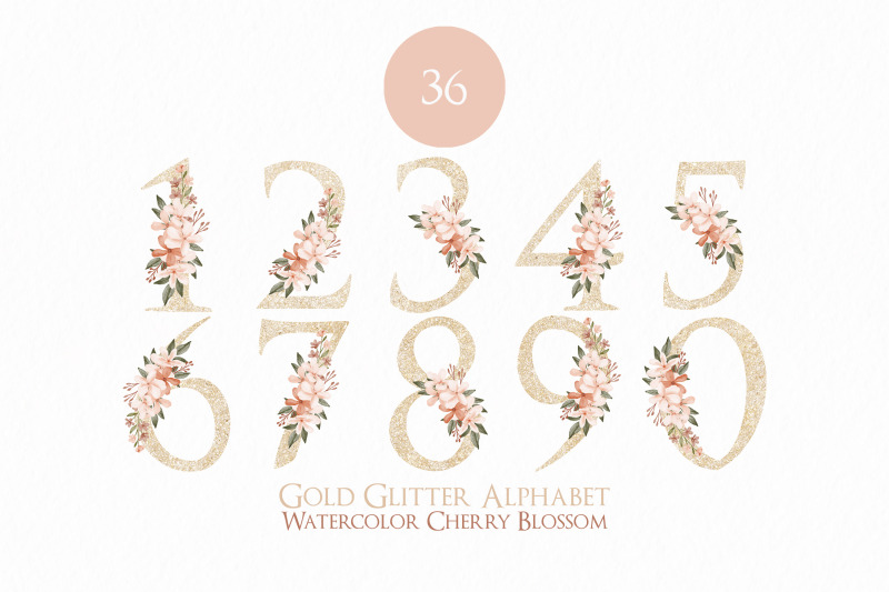 gold-glitter-alphabet-watercolor-cherry-blossom