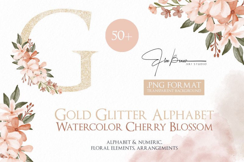 gold-glitter-alphabet-watercolor-cherry-blossom