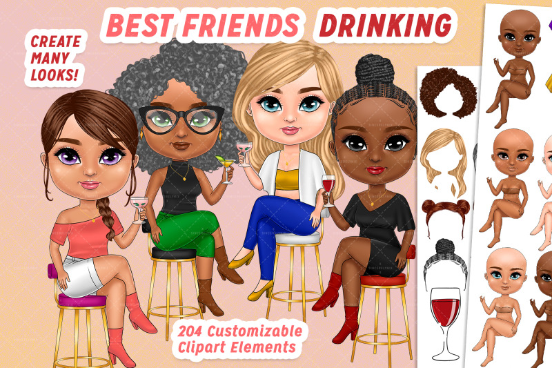 best-friends-chibi-drinking-cocktail-clipart-besties-customizable-c