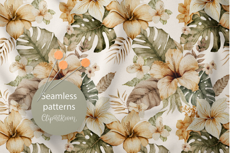 tropical-flowers-boho-seamless-floral-pattern-set