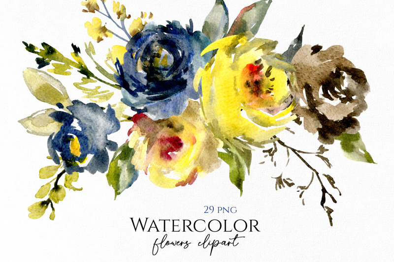 watercolor-yellow-blue-brown-flowers
