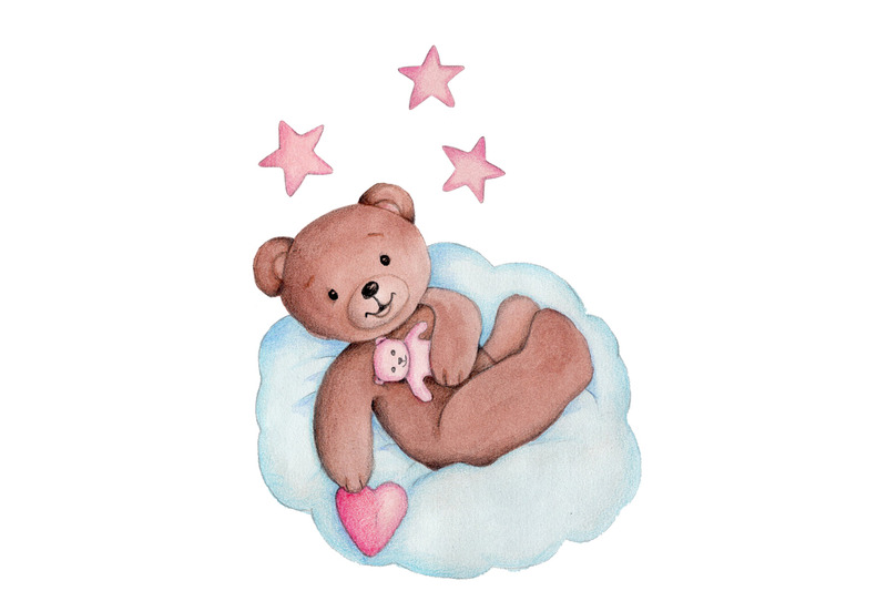 little-teddy-bear-on-a-cloud-watercolor-hand-painted-art