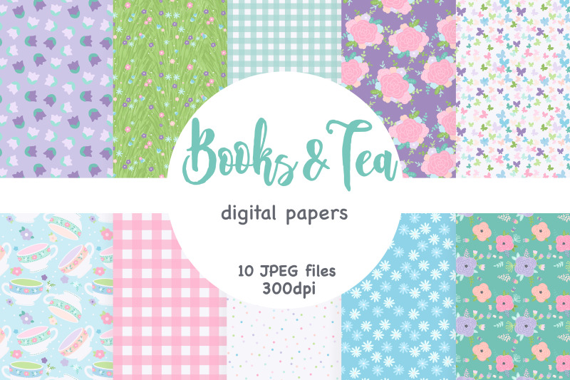 books-tea-digital-paper-spring-seamless-patterns-set