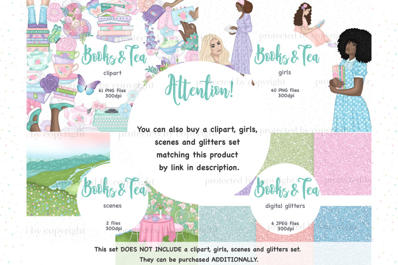 books-tea-digital-paper-spring-seamless-patterns-set