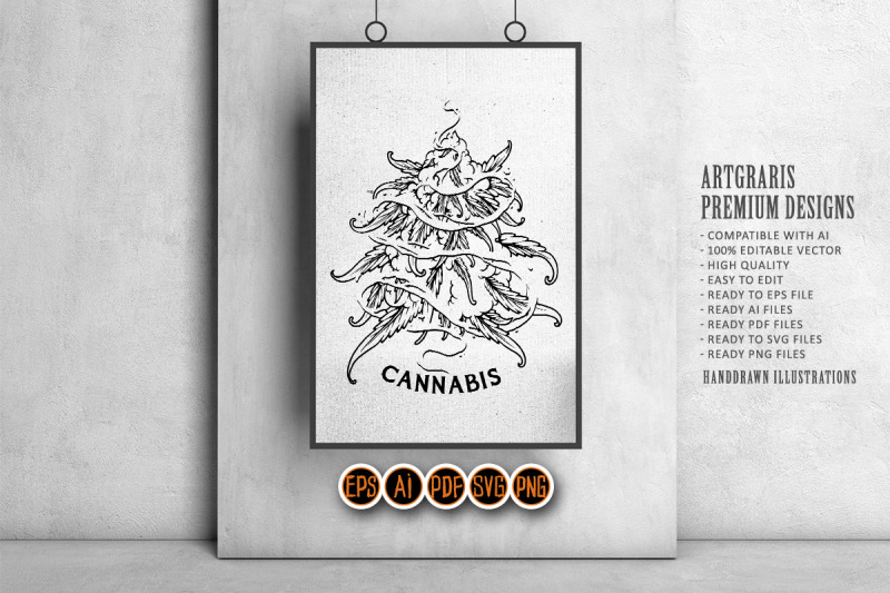 weed-bud-leaf-plant-swirl-cannabis-smoke-logo-illustrations-monochrome