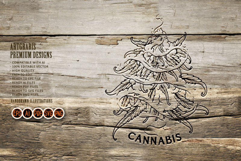 weed-bud-leaf-plant-swirl-cannabis-smoke-logo-illustrations-monochrome