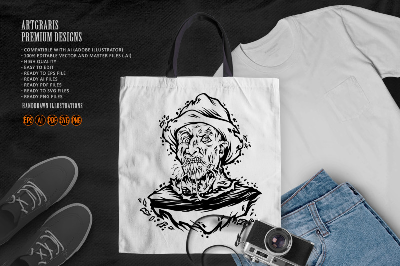 horror-halloween-krueger-head-face-illustrations-monochrome