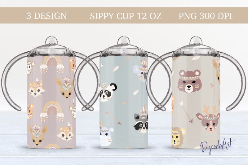 12-oz-sippy-cup-sublimation-boho-animals-design-png