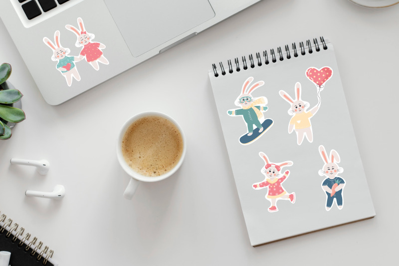 cute-winter-bunny-stickers-bundle-12-pre-made-cards