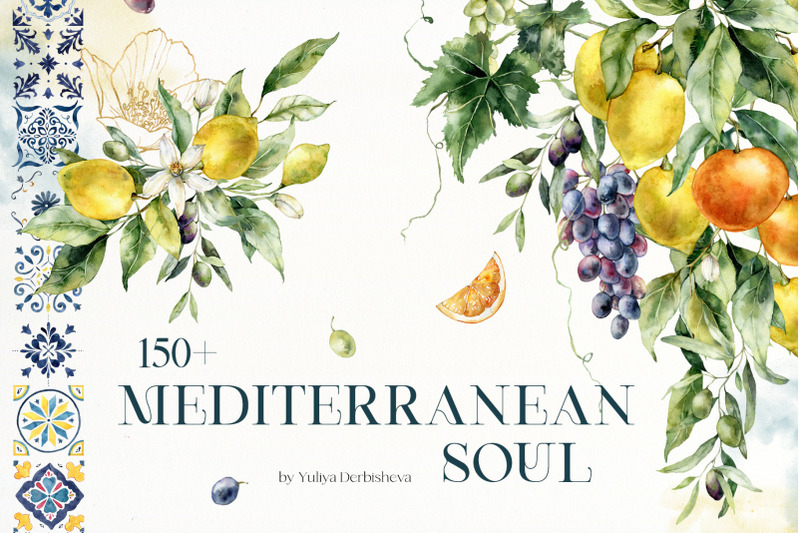 mediterranean-watercolor-lemon-orange-grape-flowers-leaves-clipart