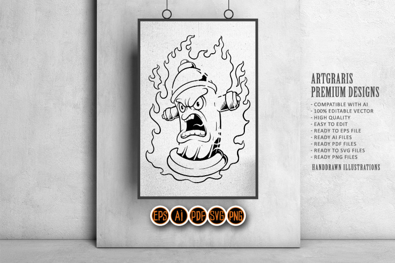 vintage-flaming-fire-hydrant-logo-illustrations-monochrome