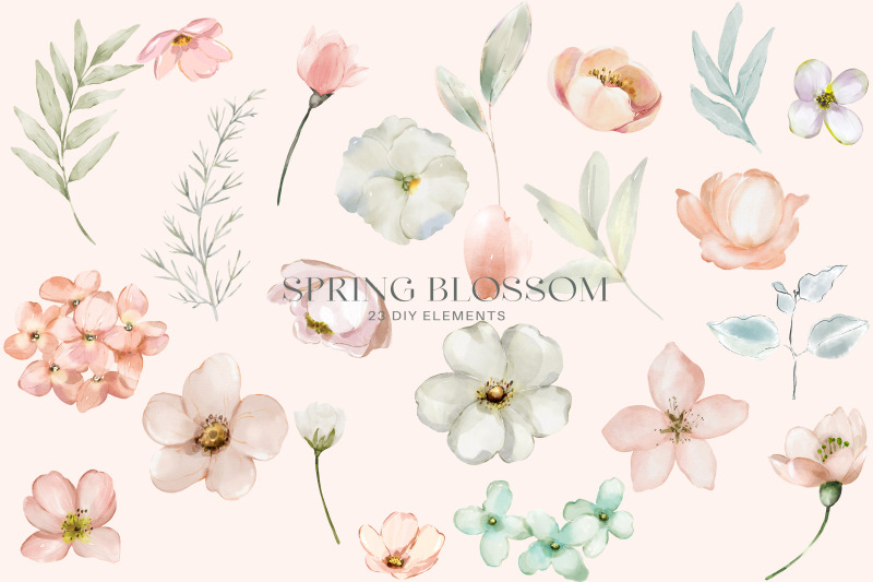 spring-blossom-watercolor-peachy-and-mint-flower-clipart-collection-w