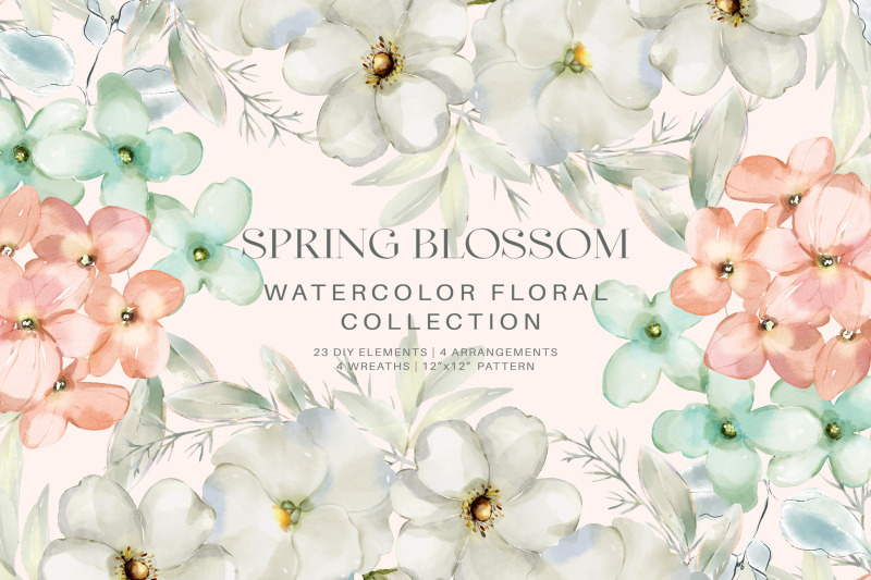 spring-blossom-watercolor-peachy-and-mint-flower-clipart-collection-w
