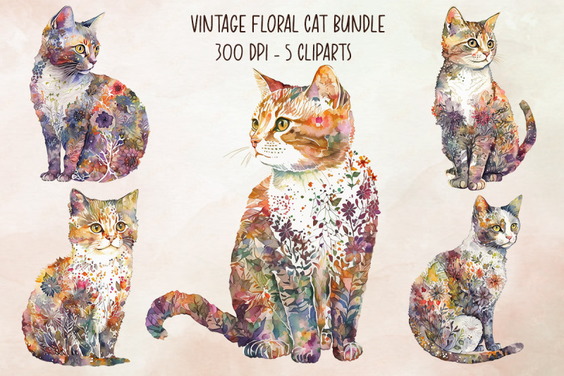 vintage-floral-cat-cliparts-bundle