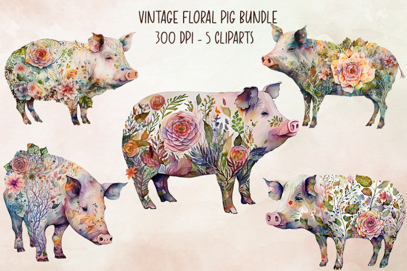 vintage-floral-pig-cliparts-bundle