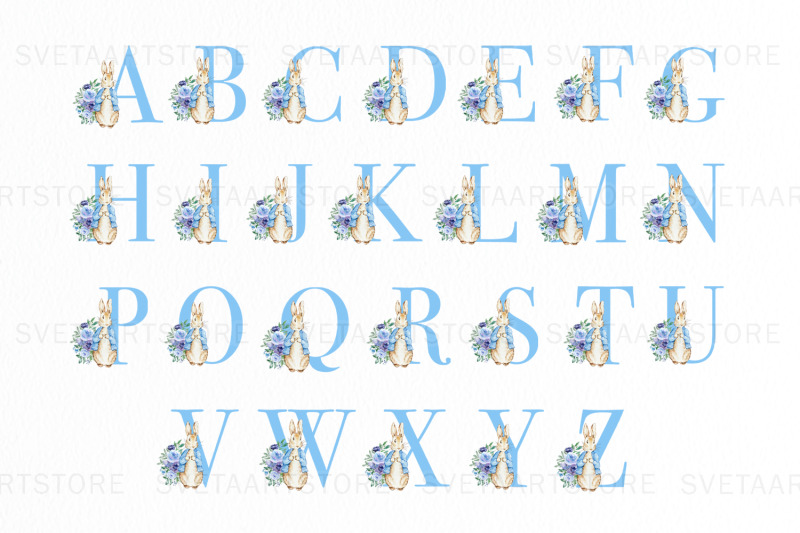 watercolor-rabbit-blue-floral-alphabet-clipart