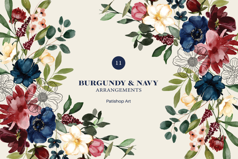 burgundy-amp-navy-watercolor-roses-clipart-collection