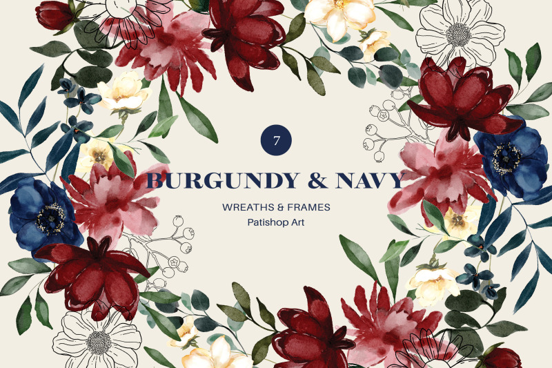 burgundy-amp-navy-watercolor-roses-clipart-collection