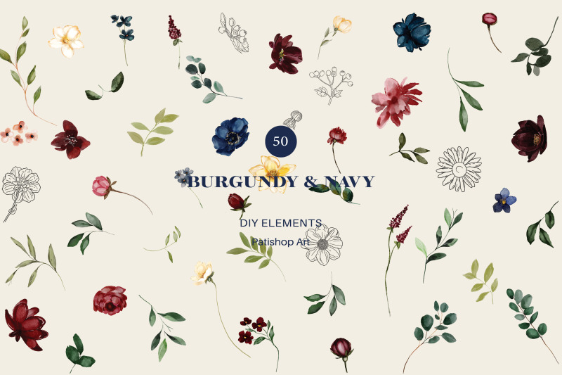 burgundy-amp-navy-watercolor-roses-clipart-collection