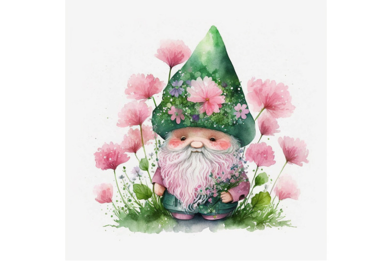 watercolor-pink-flower-gnome