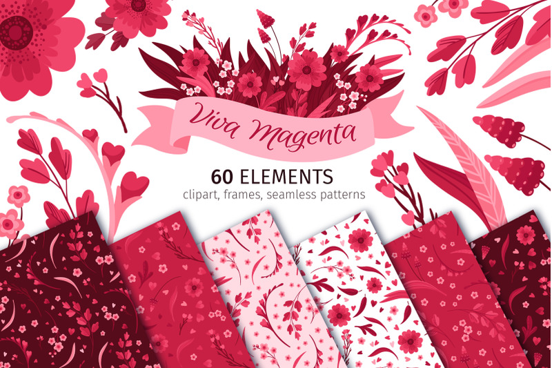 viva-magenta-flowers-clipart-patterns-borders-frames