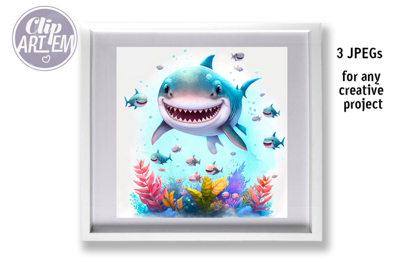 shark-baby-wall-art-3-jpegs-undersea-smiling-shark-watercolor-images