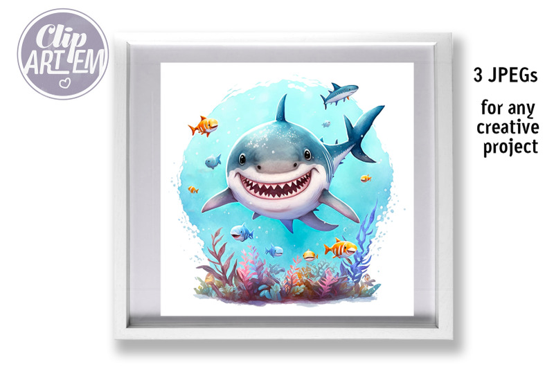 shark-baby-wall-art-3-jpegs-undersea-smiling-shark-watercolor-images