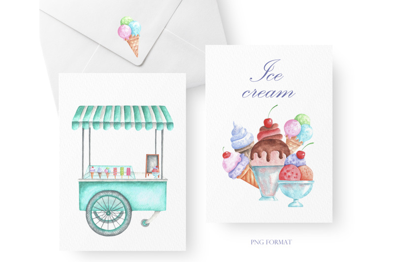 ice-cream-watercolor-clipart-ice-cream-van-tray-shop-dessert
