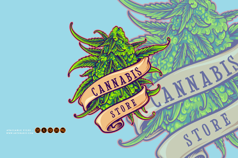 weed-plant-store-logo-with-vintage-ribbon-swirl-illustrations