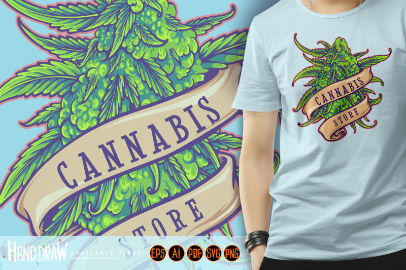 weed-plant-store-logo-with-vintage-ribbon-swirl-illustrations