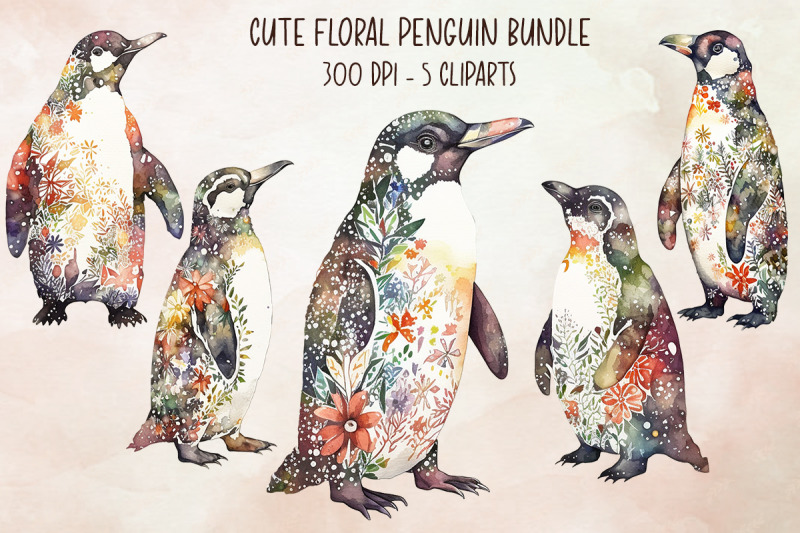 cute-floral-penguin-cliparts-bundle